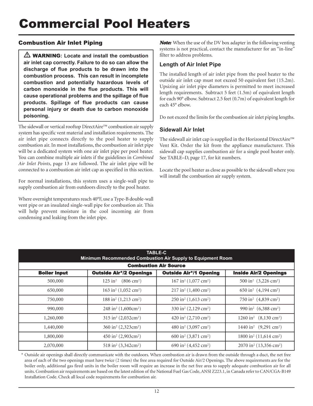 Lochinvar F0600187510 service manual Combustion Air Inlet Piping, Length of Air Inlet Pipe, Sidewall Air Inlet 