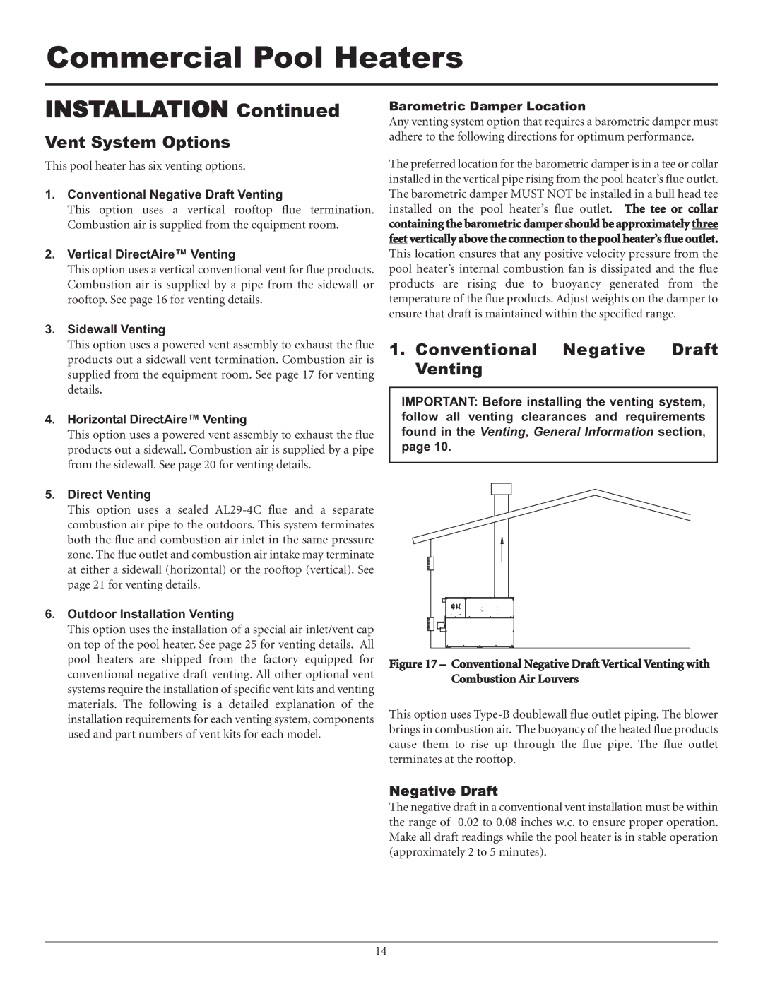 Lochinvar F0600187510 service manual Vent System Options, Conventional Negative Draft Venting 