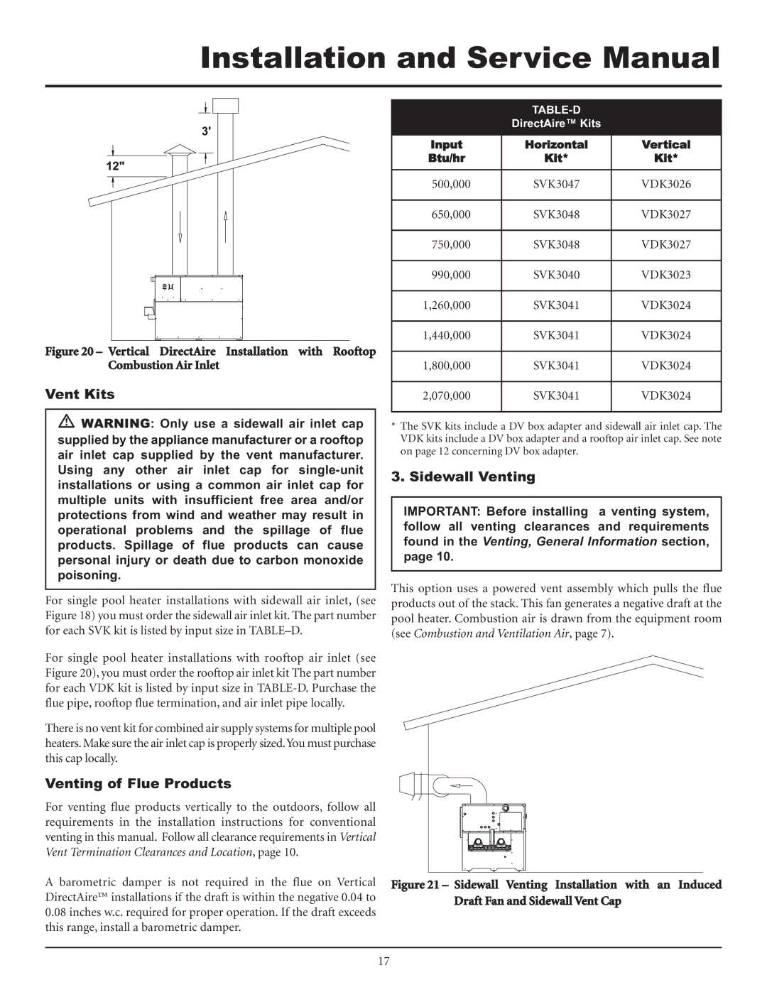 Lochinvar F0600187510 service manual Vent Kits, Venting of Flue Products, Sidewall Venting 