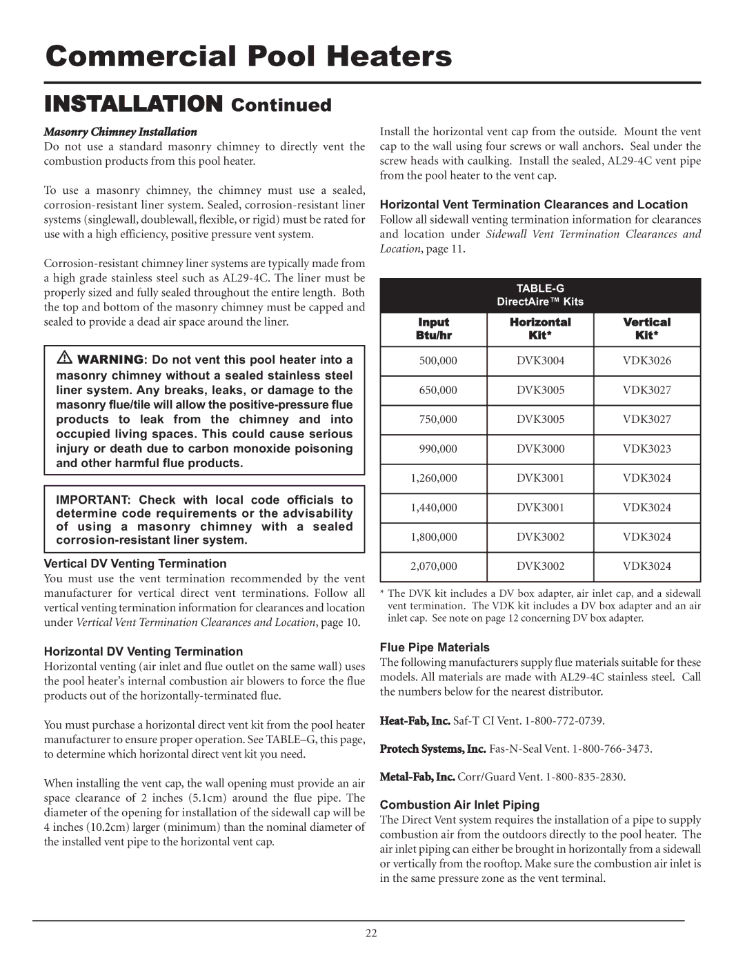 Lochinvar F0600187510 service manual Horizontal DV Venting Termination, Flue Pipe Materials, Combustion Air Inlet Piping 