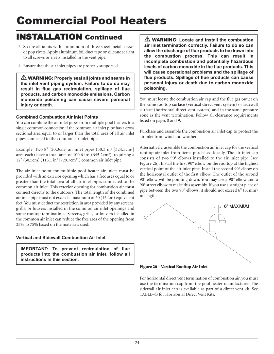 Lochinvar F0600187510 service manual Combined Combustion Air Inlet Points, Vertical Rooftop Air Inlet 