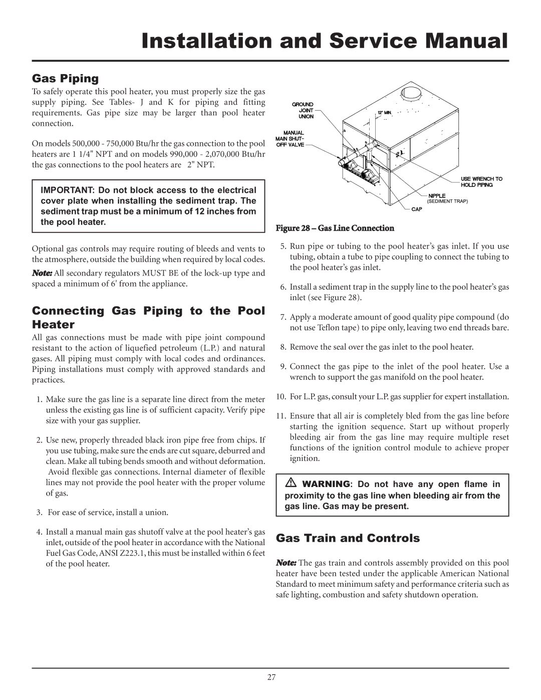 Lochinvar F0600187510 service manual Connecting Gas Piping to the Pool Heater, Gas Train and Controls 