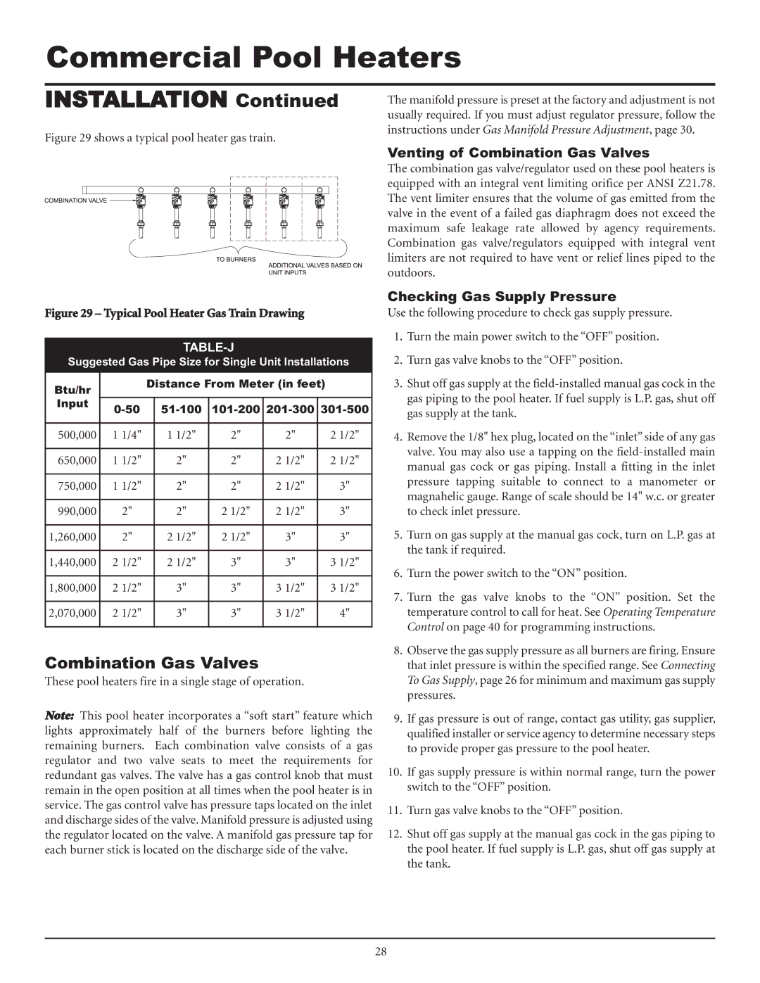 Lochinvar F0600187510 service manual Venting of Combination Gas Valves, Checking Gas Supply Pressure, Table-J 