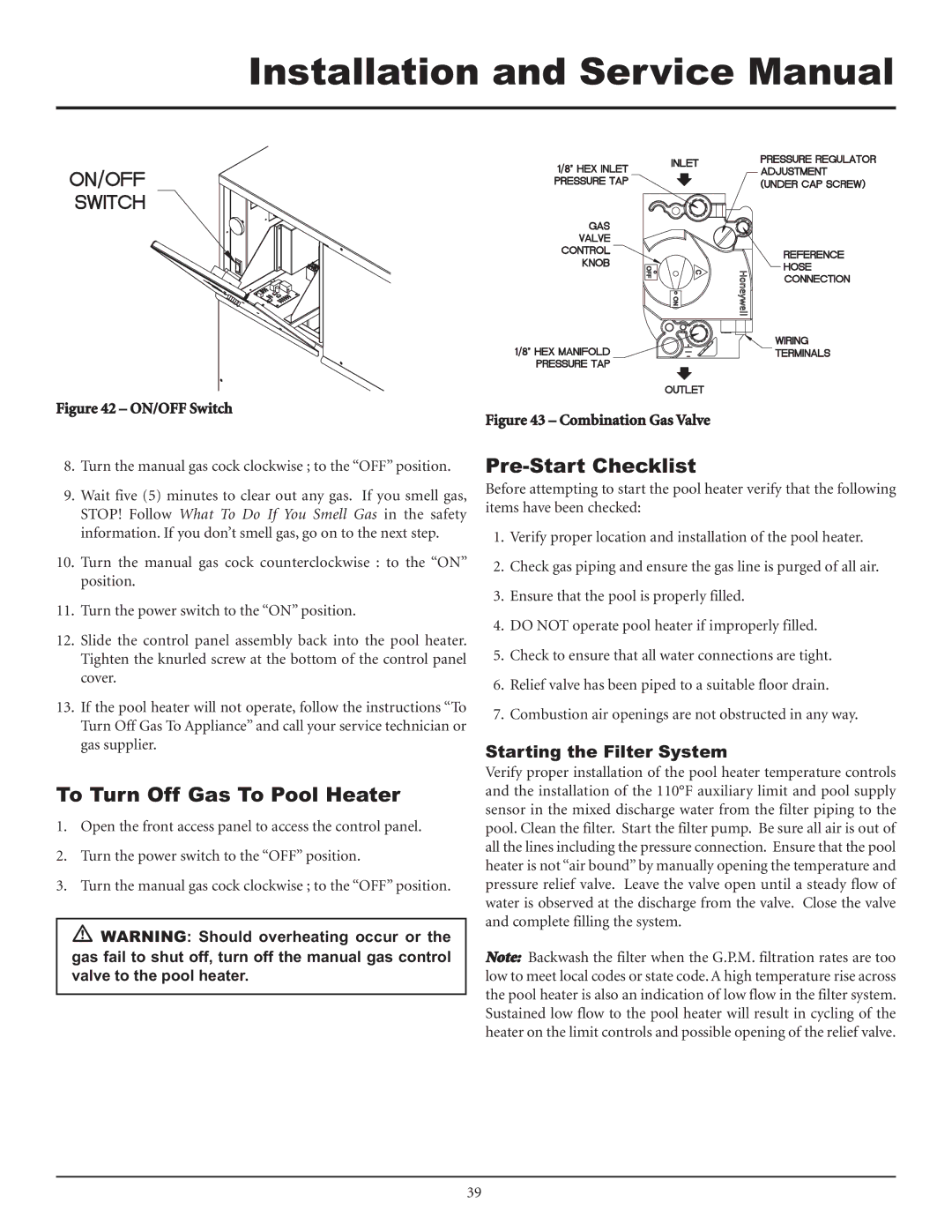 Lochinvar F0600187510 service manual To Turn Off Gas To Pool Heater, Pre-Start Checklist, Starting the Filter System 