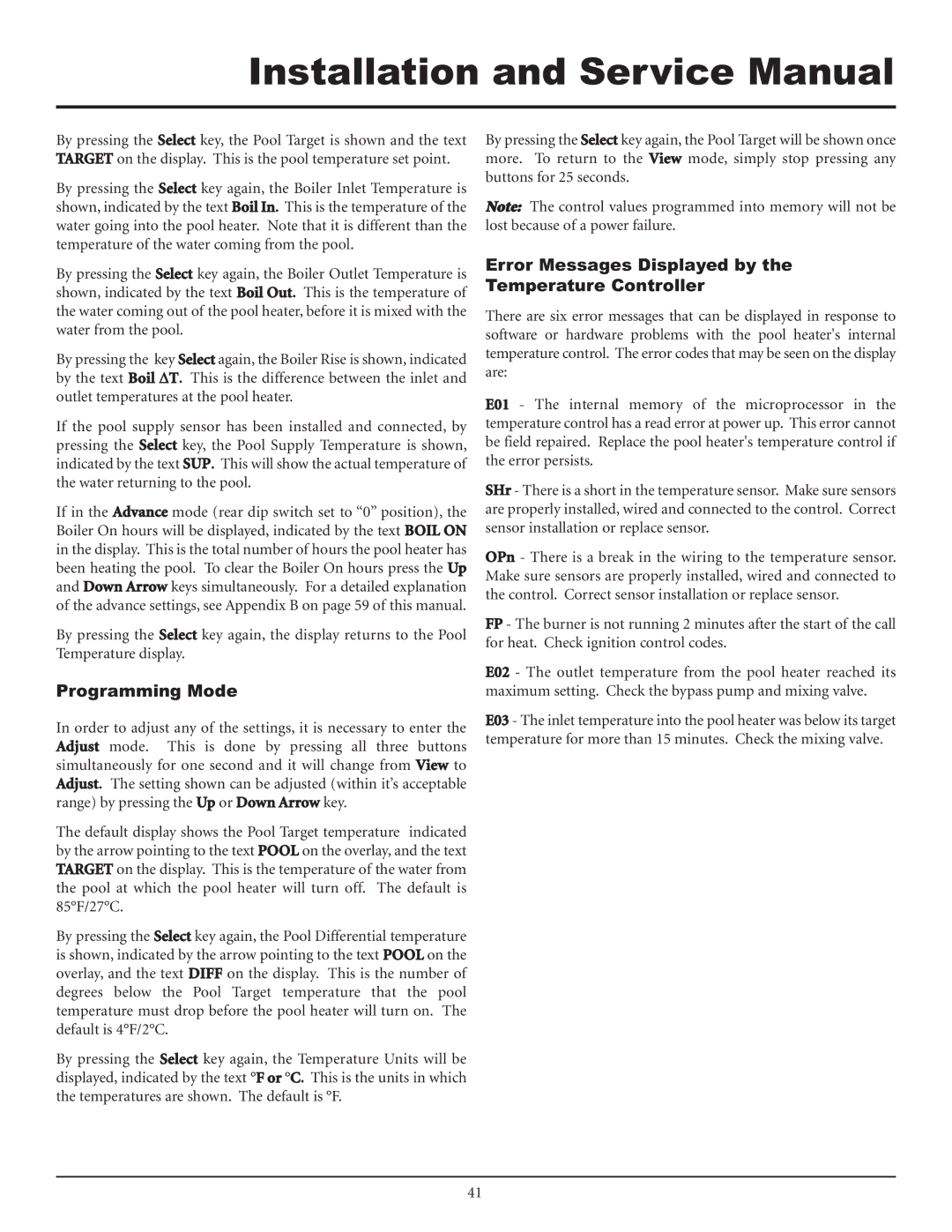 Lochinvar F0600187510 service manual Programming Mode, Error Messages Displayed by Temperature Controller 