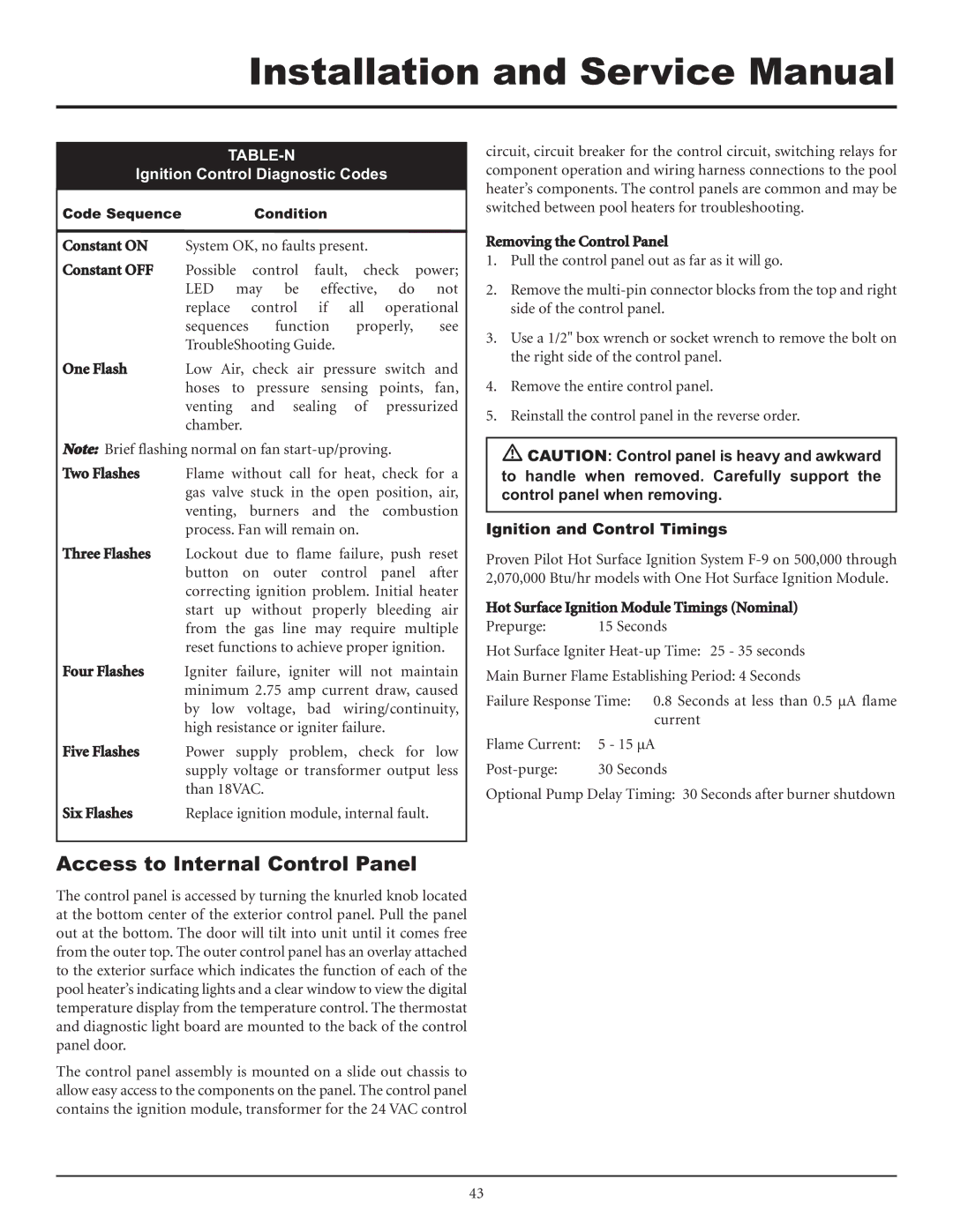 Lochinvar F0600187510 service manual Access to Internal Control Panel, Table-N, Ignition and Control Timings 