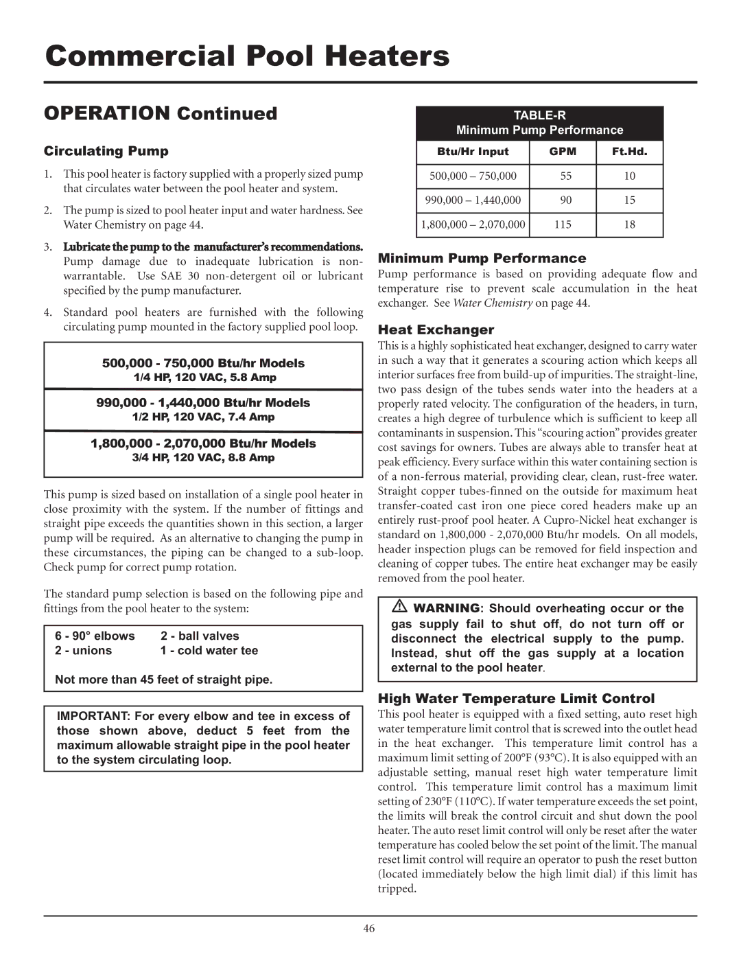 Lochinvar F0600187510 Circulating Pump, Minimum Pump Performance, Heat Exchanger, High Water Temperature Limit Control 