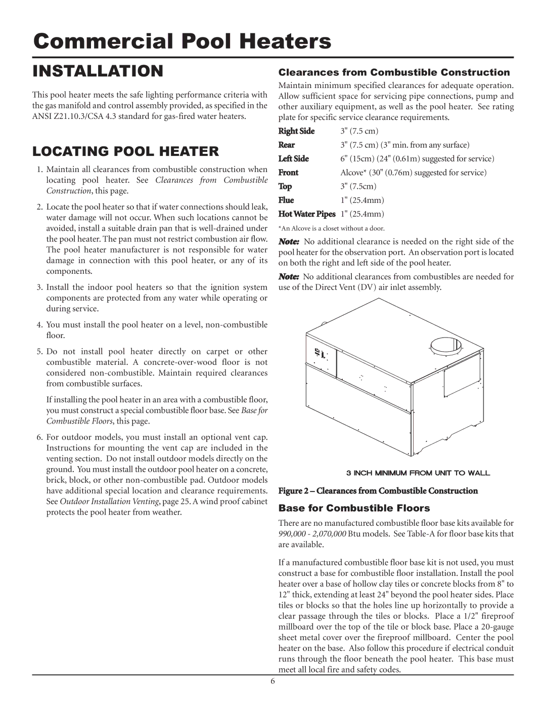 Lochinvar F0600187510 service manual Clearances from Combustible Construction, Base for Combustible Floors 