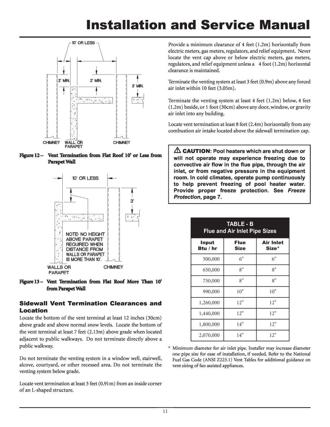 Lochinvar F0600187510 Sidewall Vent Termination Clearances and Location, TABLE - B Flue and Air Inlet Pipe Sizes 