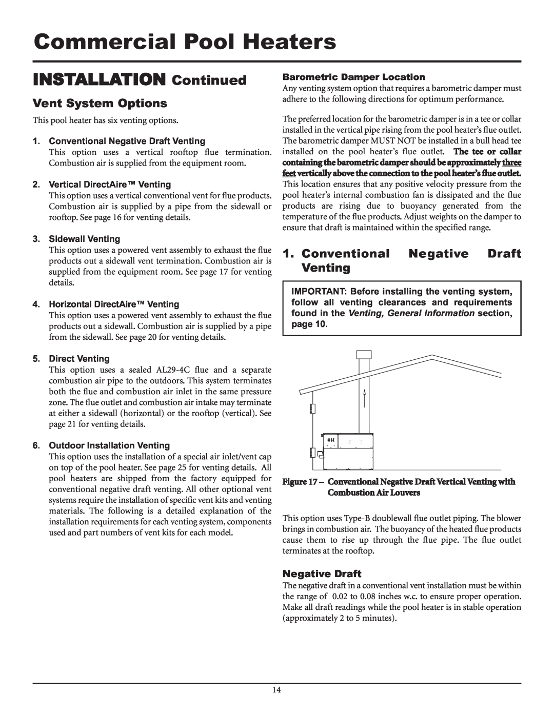 Lochinvar F0600187510 service manual Vent System Options, Conventional Negative Draft Venting, Vertical DirectAire Venting 
