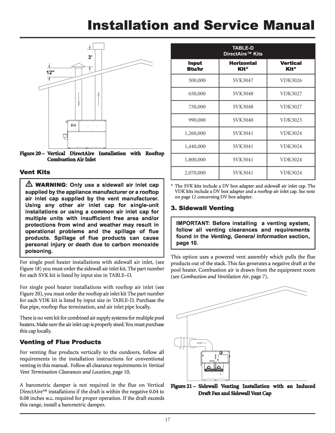 Lochinvar F0600187510 service manual Vent Kits, Venting of Flue Products, Sidewall Venting, Installation and Service Manual 