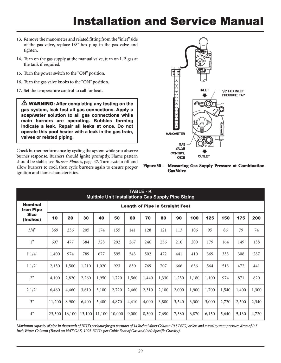 Lochinvar F0600187510 service manual Table - K, Installation and Service Manual, Gas Valve 