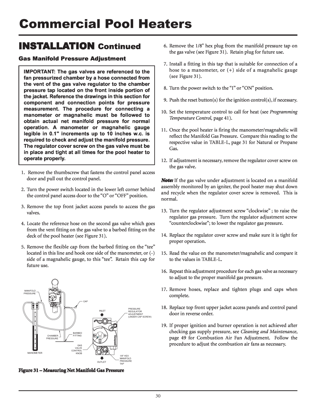 Lochinvar F0600187510 service manual Gas Manifold Pressure Adjustment, Commercial Pool Heaters, INSTALLATION Continued 