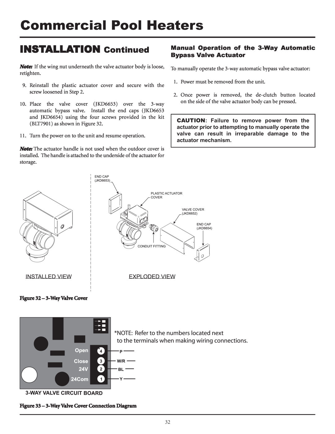 Lochinvar F0600187510 service manual Commercial Pool Heaters, INSTALLATION Continued, 3-WayValve Cover 