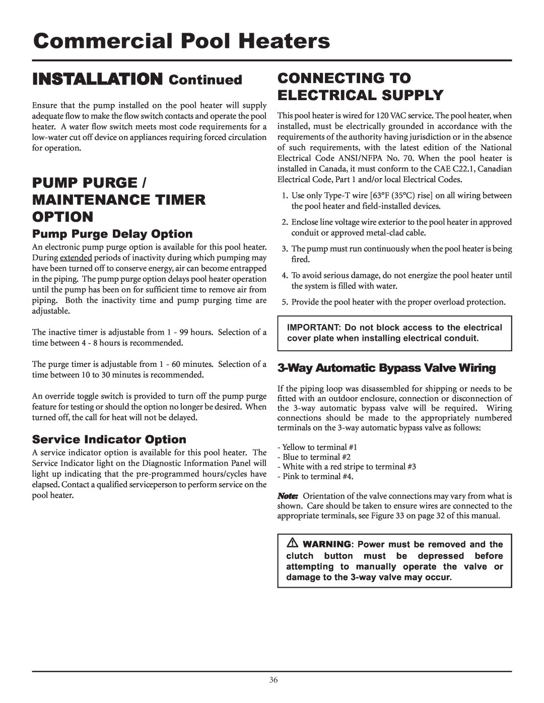 Lochinvar F0600187510 Pump Purge Maintenance Timer Option, Connecting To Electrical Supply, Pump Purge Delay Option 