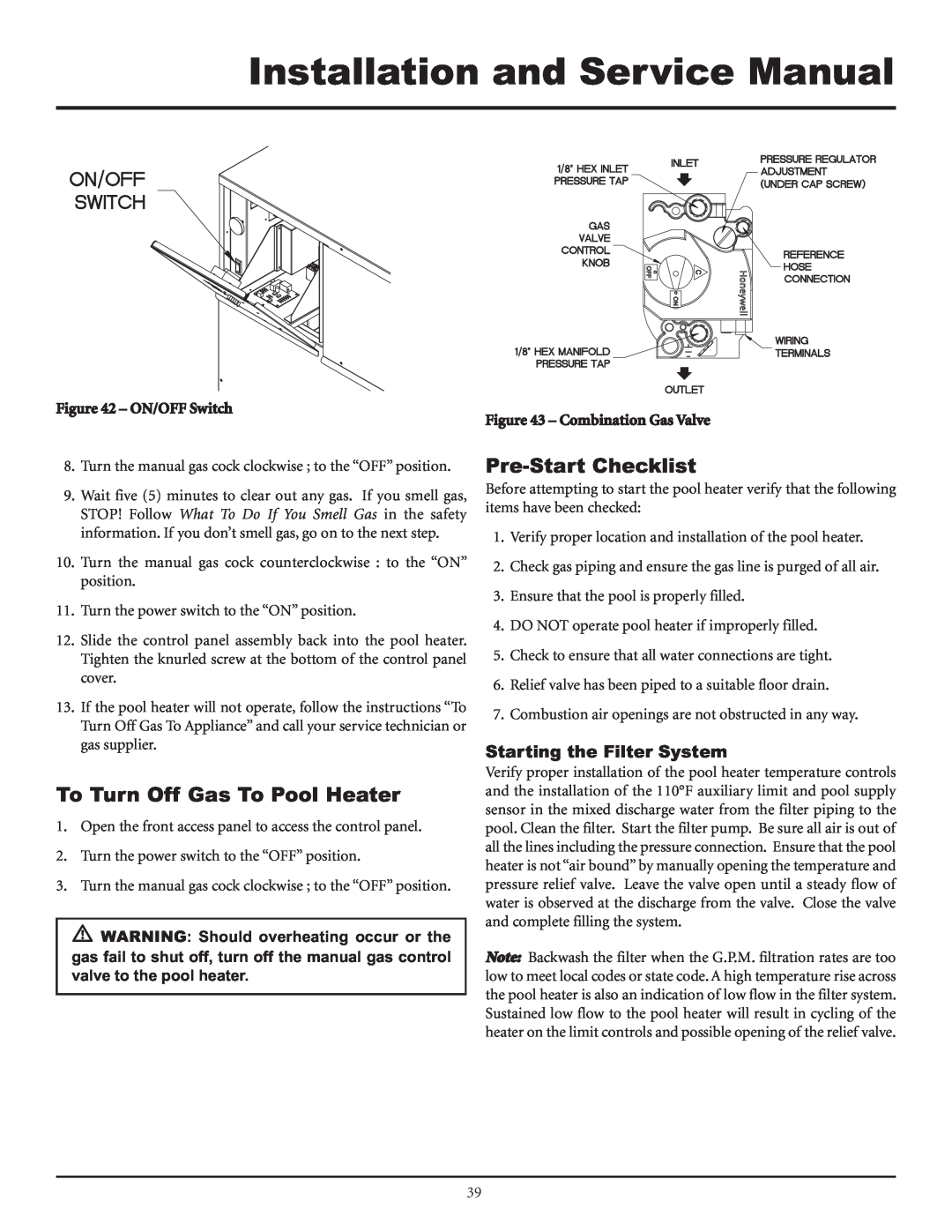 Lochinvar F0600187510 service manual To Turn Off Gas To Pool Heater, Pre-StartChecklist, Starting the Filter System 