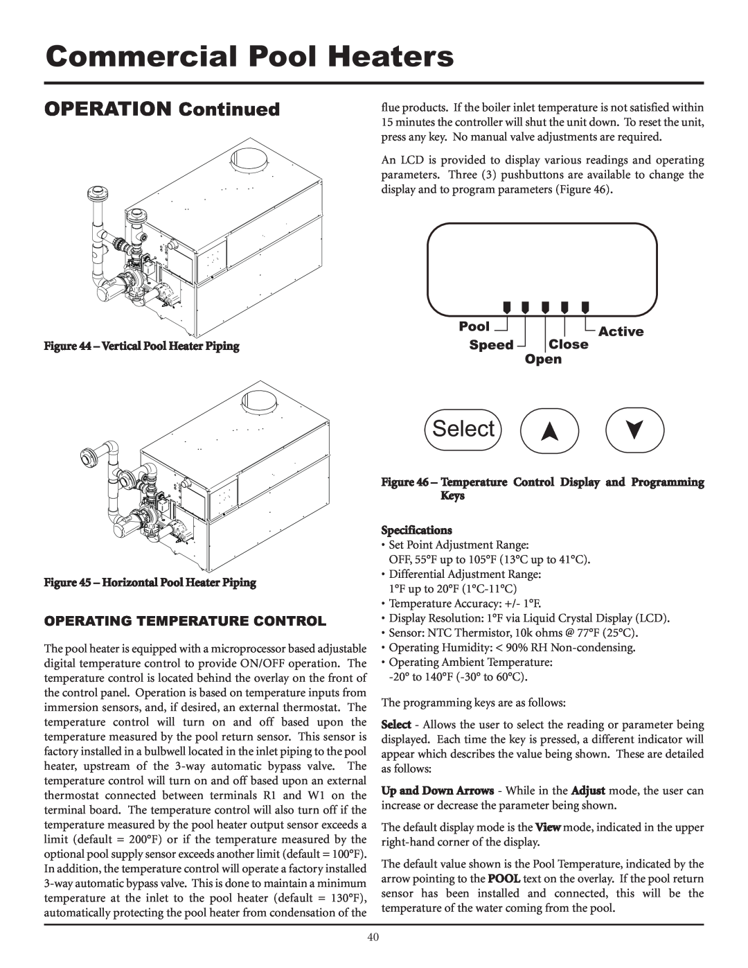 Lochinvar F0600187510 service manual OPERATION Continued, Operating Temperature Control, Commercial Pool Heaters 