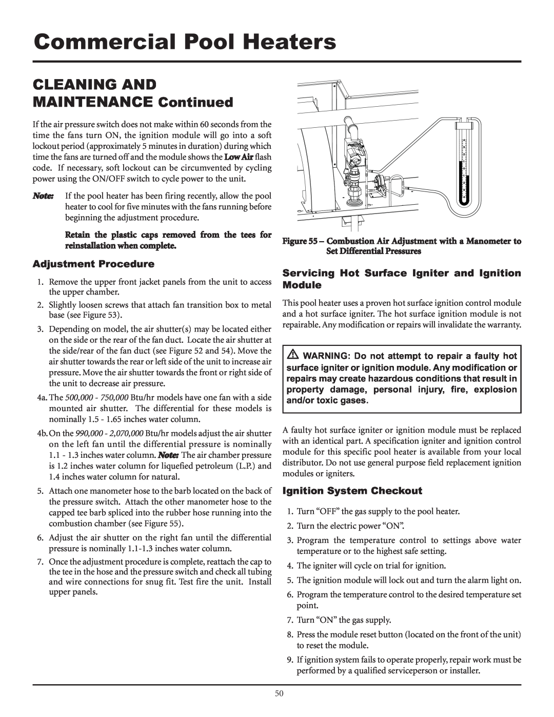 Lochinvar F0600187510 Adjustment Procedure, Servicing Hot Surface Igniter and Ignition Module, Ignition System Checkout 