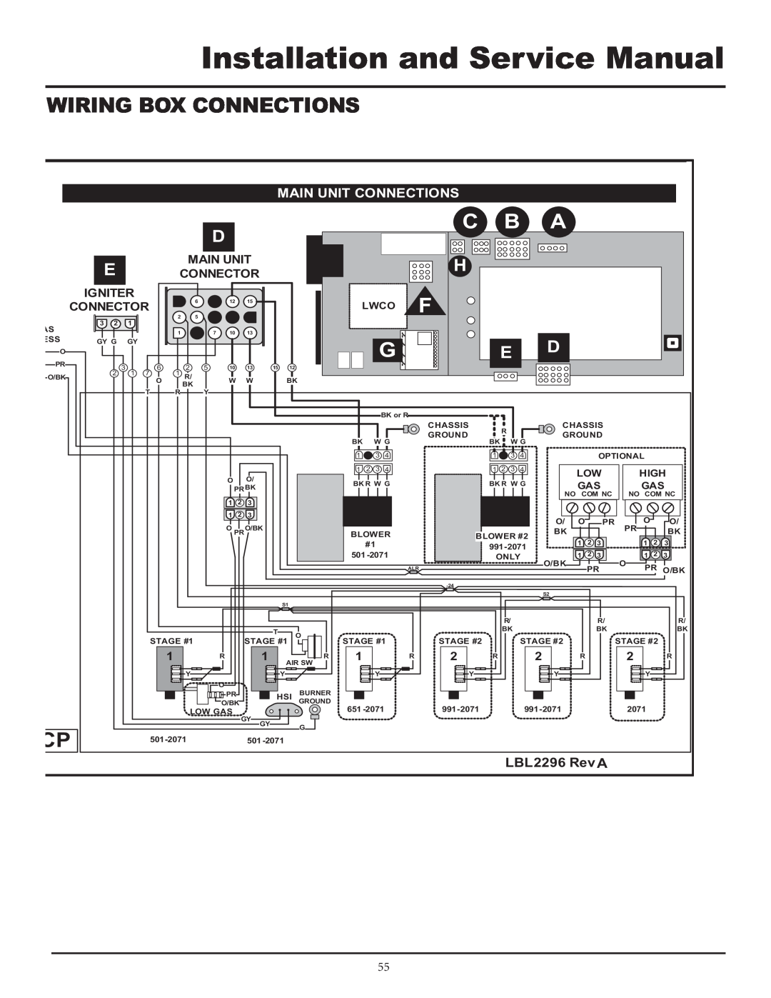 Lochinvar F0600187510 service manual Main Unit Connections, LBL2296 Rev A, Wiring Box Connections, Connector, Igniter 