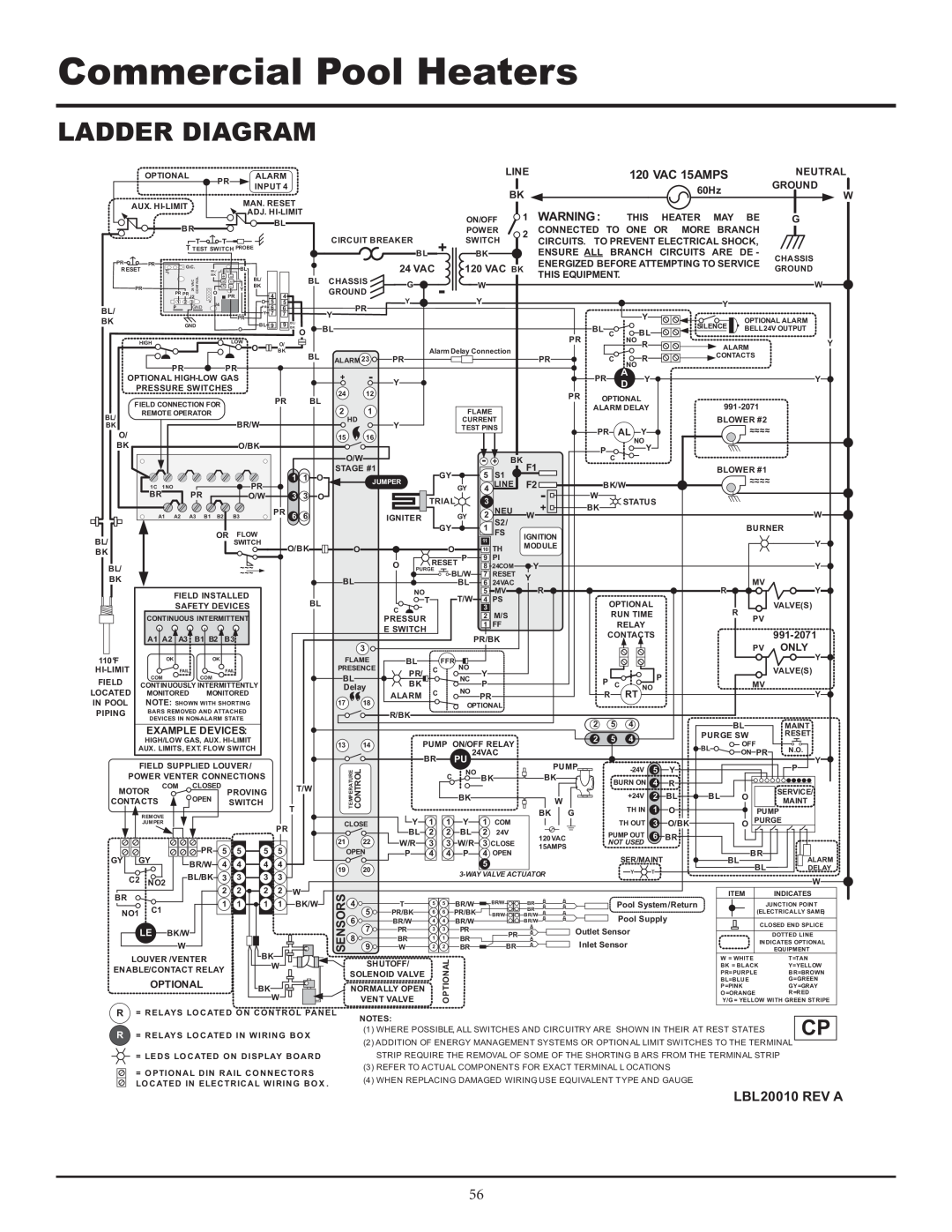 Lochinvar F0600187510 Ladder Diagram, Commercial Pool Heaters, LBL20010 REV A, Sensors, Line, VAC 15AMPS, Neutral, 60Hz 
