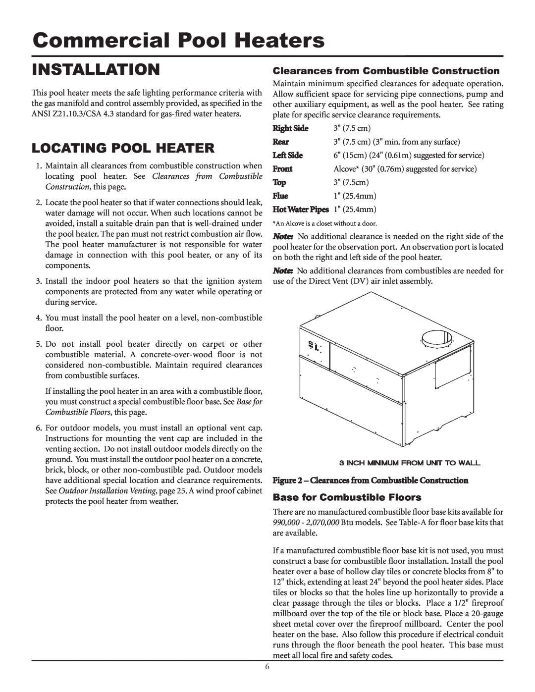 Lochinvar F0600187510 service manual Installation, Clearances from Combustible Construction, Base for Combustible Floors 