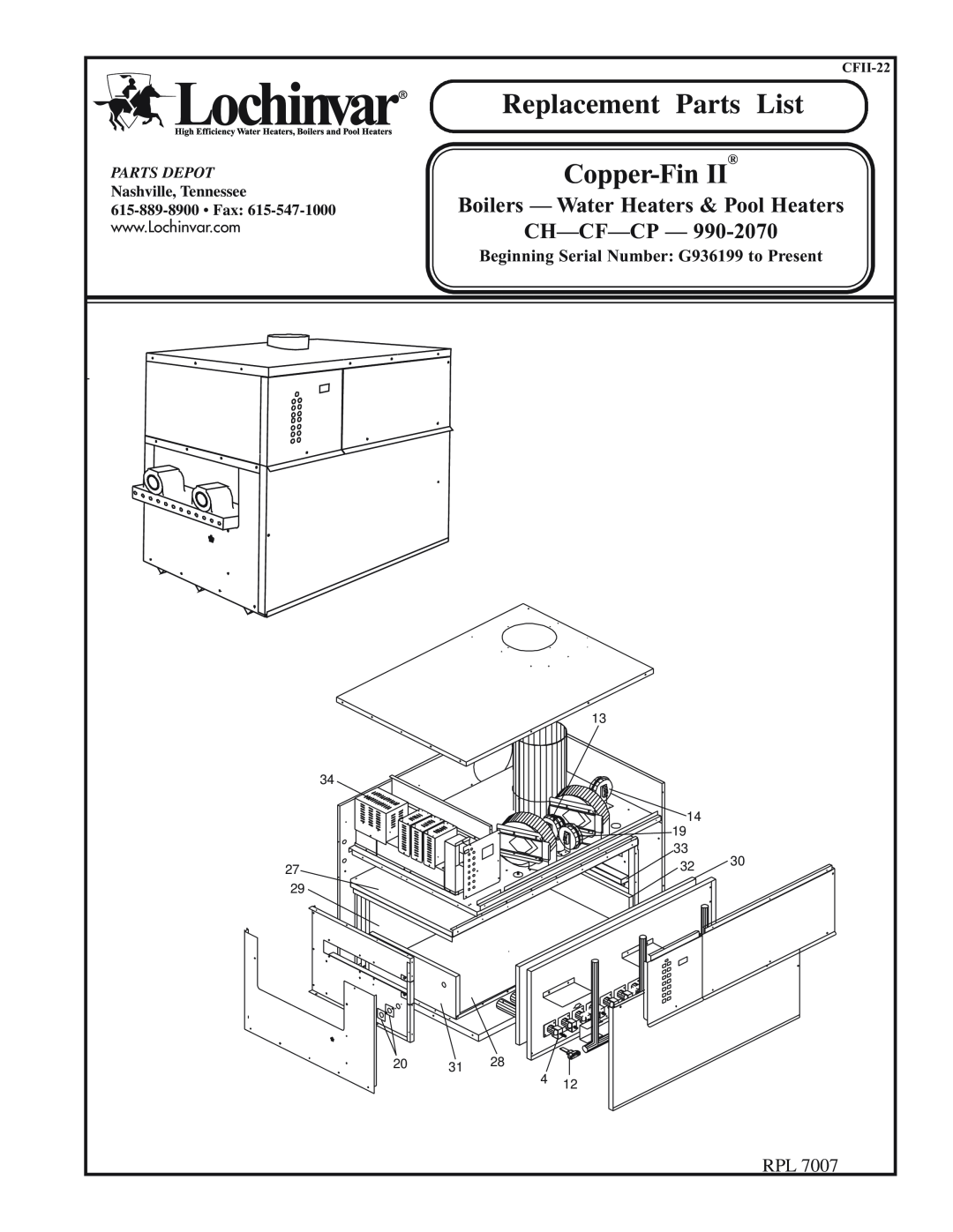 Lochinvar G936199 manual Replacement Parts, List, Copper-Fin, Boilers - Water Heaters & Pool Heaters, Ch-Cf-Cp, CFII-22 