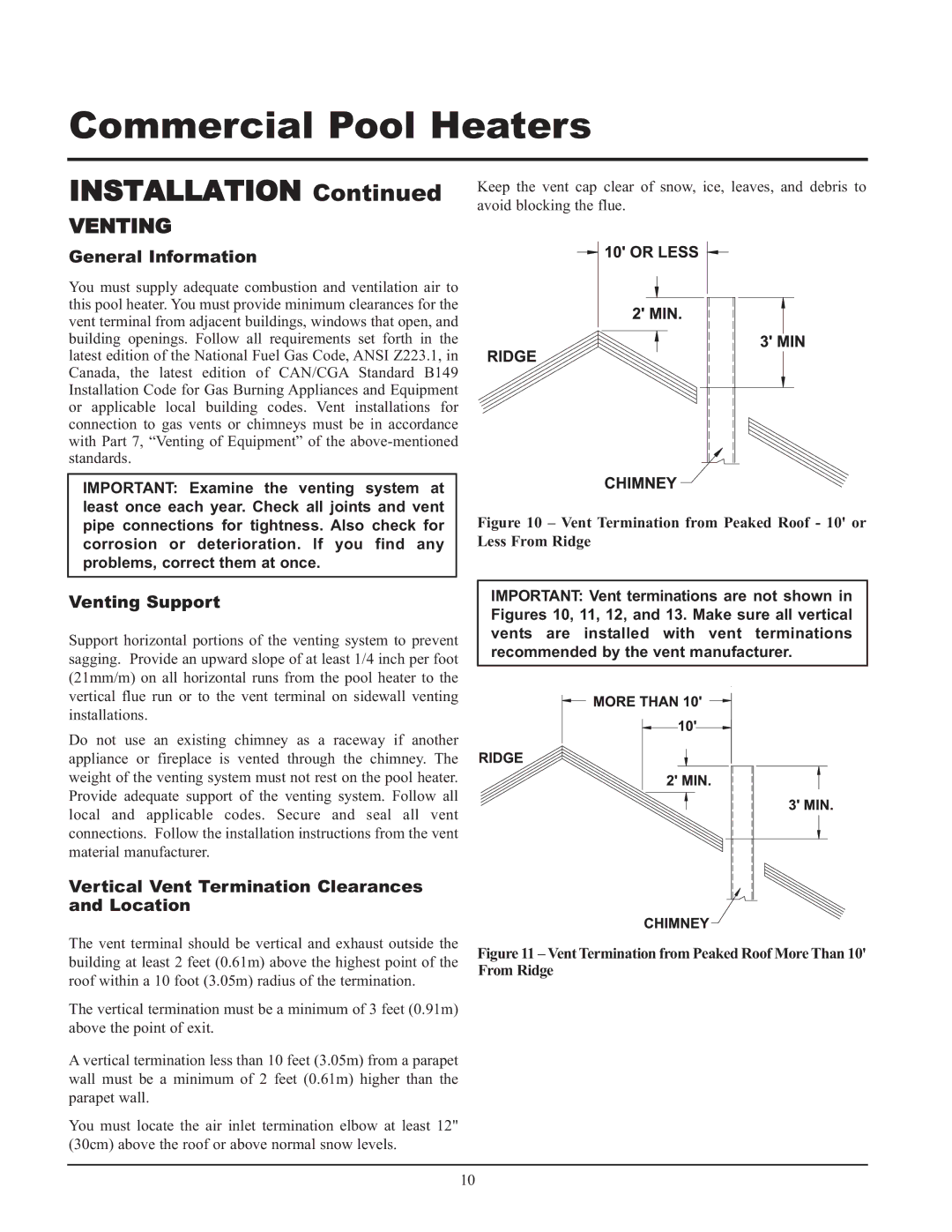 Lochinvar GAS HEATER FOR COMMERICAL POOL APPLICATIONS service manual General Information, Venting Support 