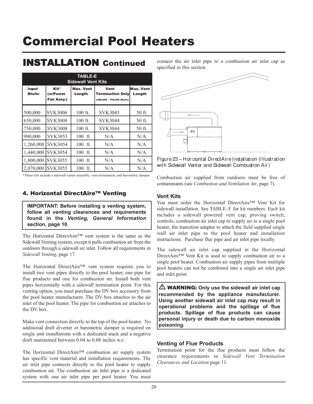 Lochinvar GAS HEATER FOR COMMERICAL POOL APPLICATIONS service manual Horizontal DirectAire Venting, Table-E 