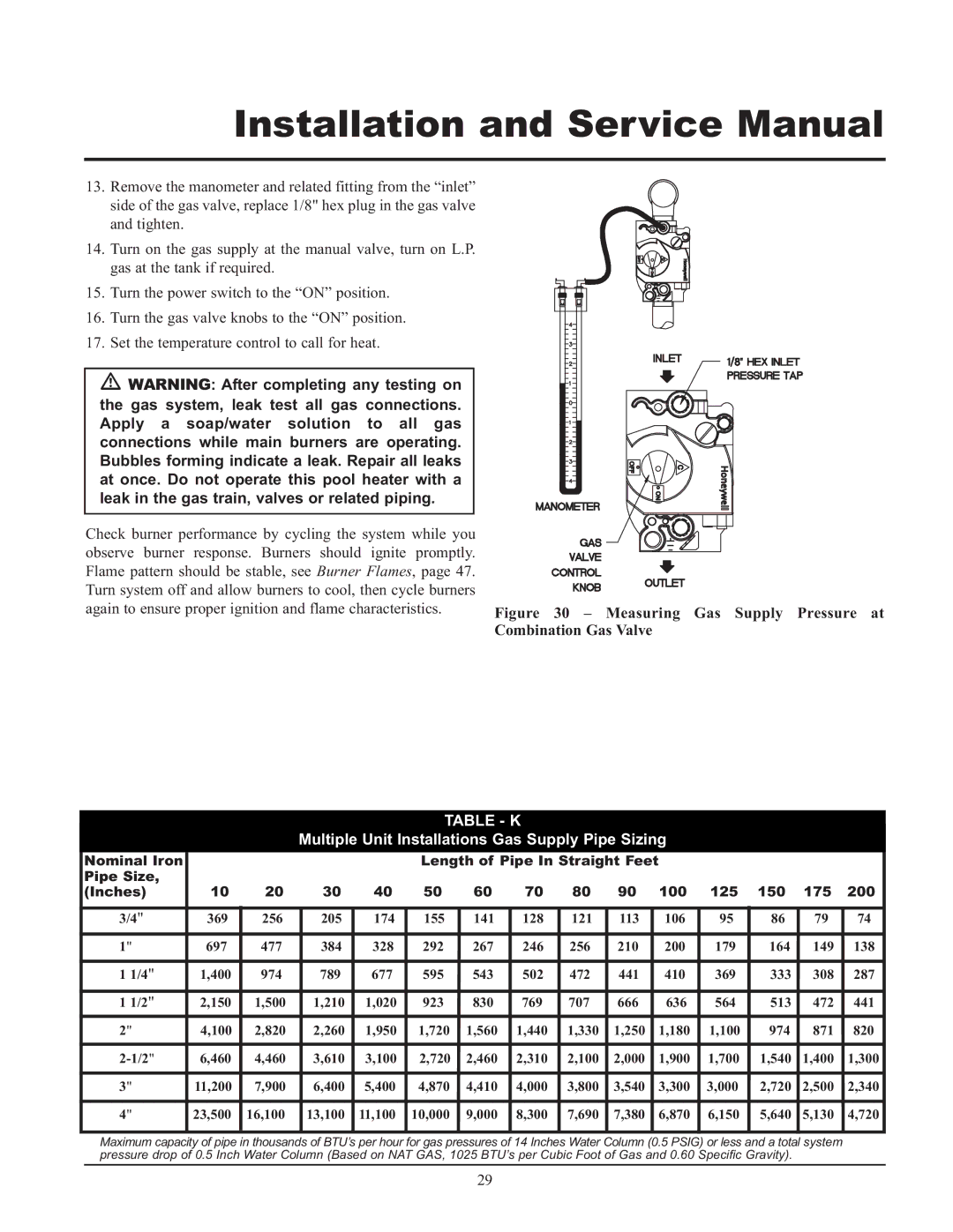 Lochinvar GAS HEATER FOR COMMERICAL POOL APPLICATIONS Table K, Multiple Unit Installations Gas Supply Pipe Sizing 