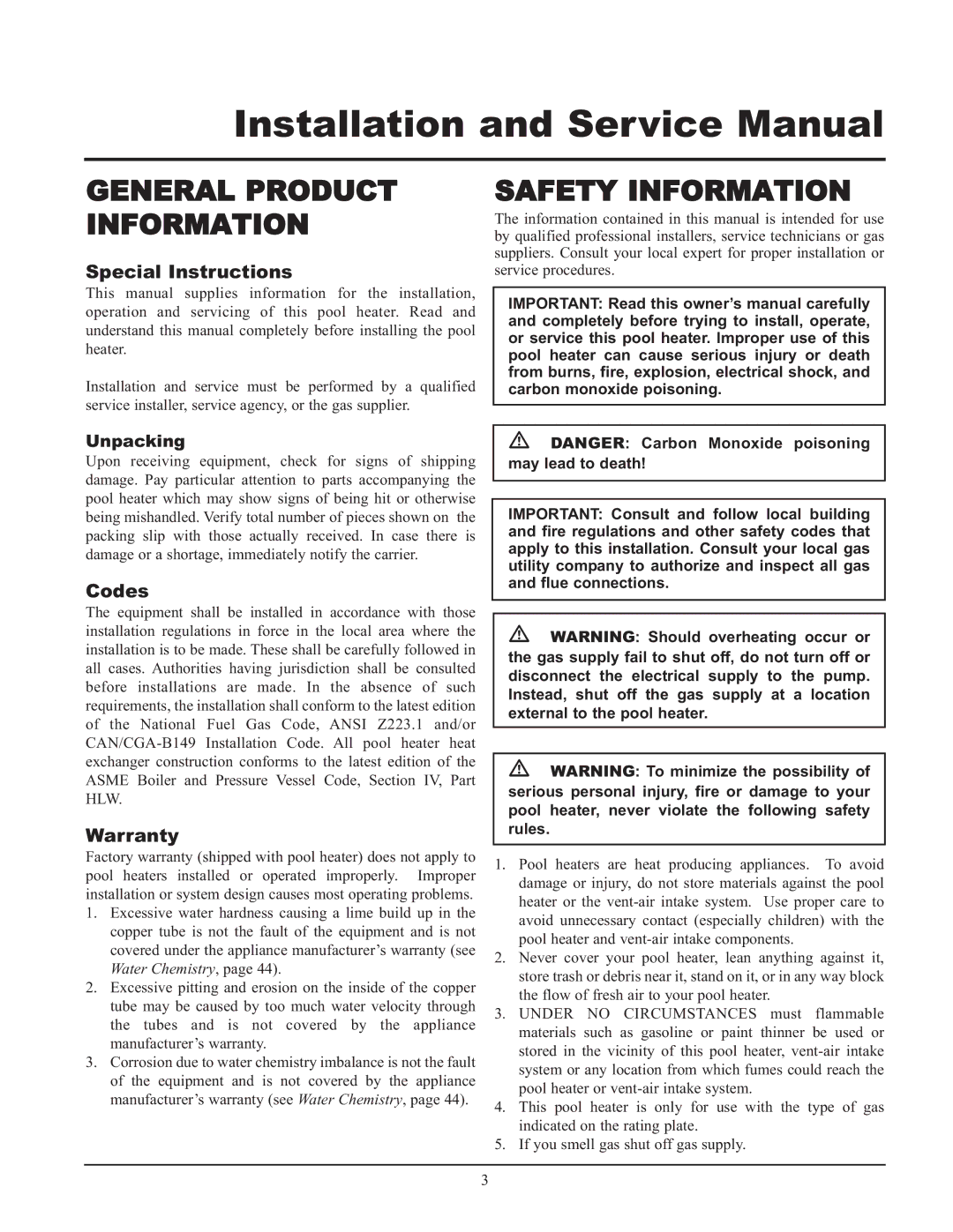 Lochinvar GAS HEATER FOR COMMERICAL POOL APPLICATIONS service manual General Product Information, Unpacking 