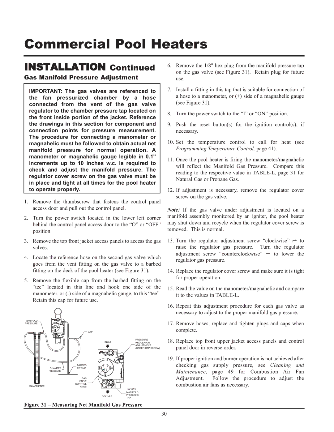 Lochinvar GAS HEATER FOR COMMERICAL POOL APPLICATIONS service manual Gas Manifold Pressure Adjustment 