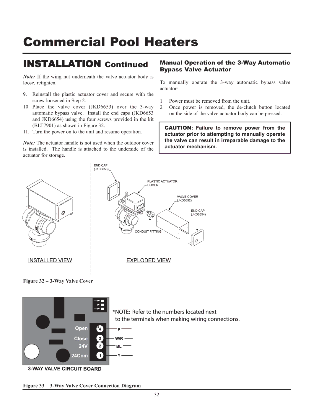 Lochinvar GAS HEATER FOR COMMERICAL POOL APPLICATIONS service manual Way Valve Cover 