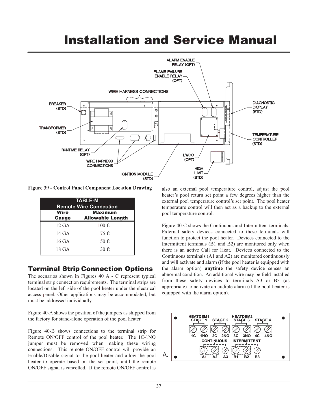 Lochinvar GAS HEATER FOR COMMERICAL POOL APPLICATIONS service manual Terminal Strip Connection Options, Table-M 