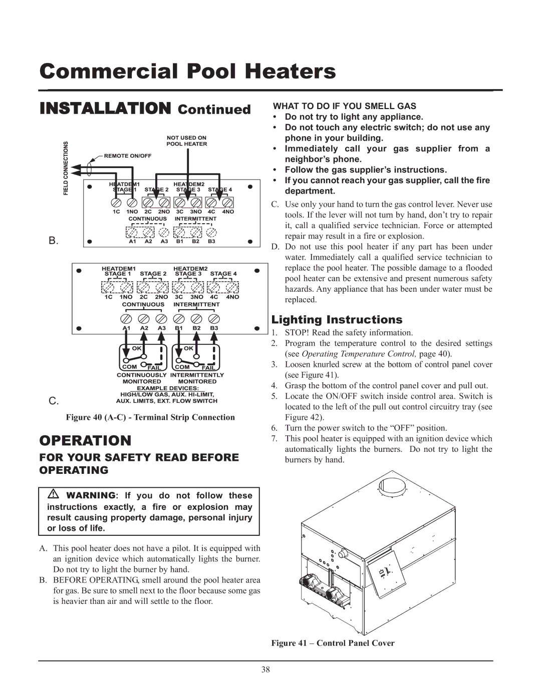 Lochinvar GAS HEATER FOR COMMERICAL POOL APPLICATIONS service manual Operation, Lighting Instructions 