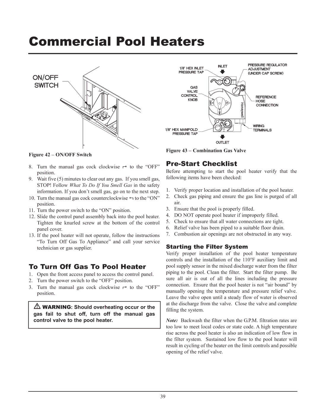 Lochinvar GAS HEATER FOR COMMERICAL POOL APPLICATIONS service manual To Turn Off Gas To Pool Heater, Pre-Start Checklist 