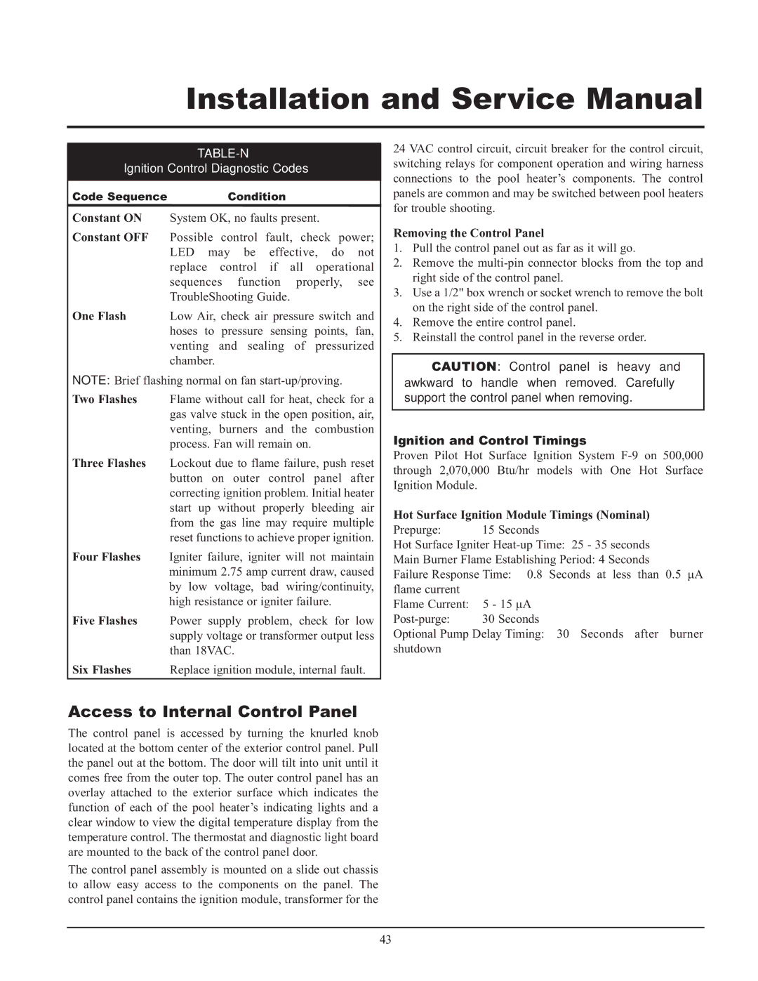 Lochinvar GAS HEATER FOR COMMERICAL POOL APPLICATIONS service manual Access to Internal Control Panel, Table-N 