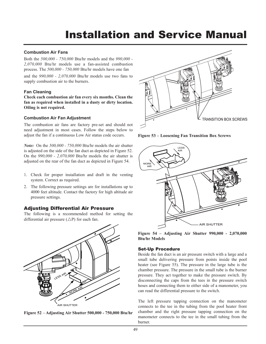 Lochinvar GAS HEATER FOR COMMERICAL POOL APPLICATIONS Adjusting Differential Air Pressure, Combustion Air Fans 
