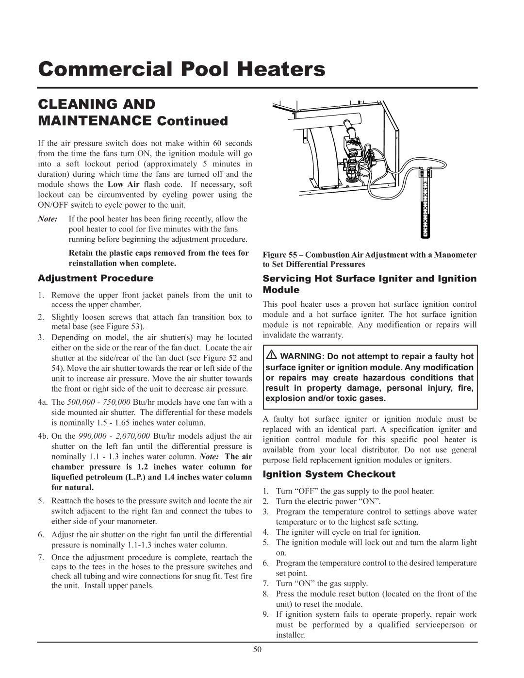 Lochinvar GAS HEATER FOR COMMERICAL POOL APPLICATIONS service manual Adjustment Procedure, Ignition System Checkout 