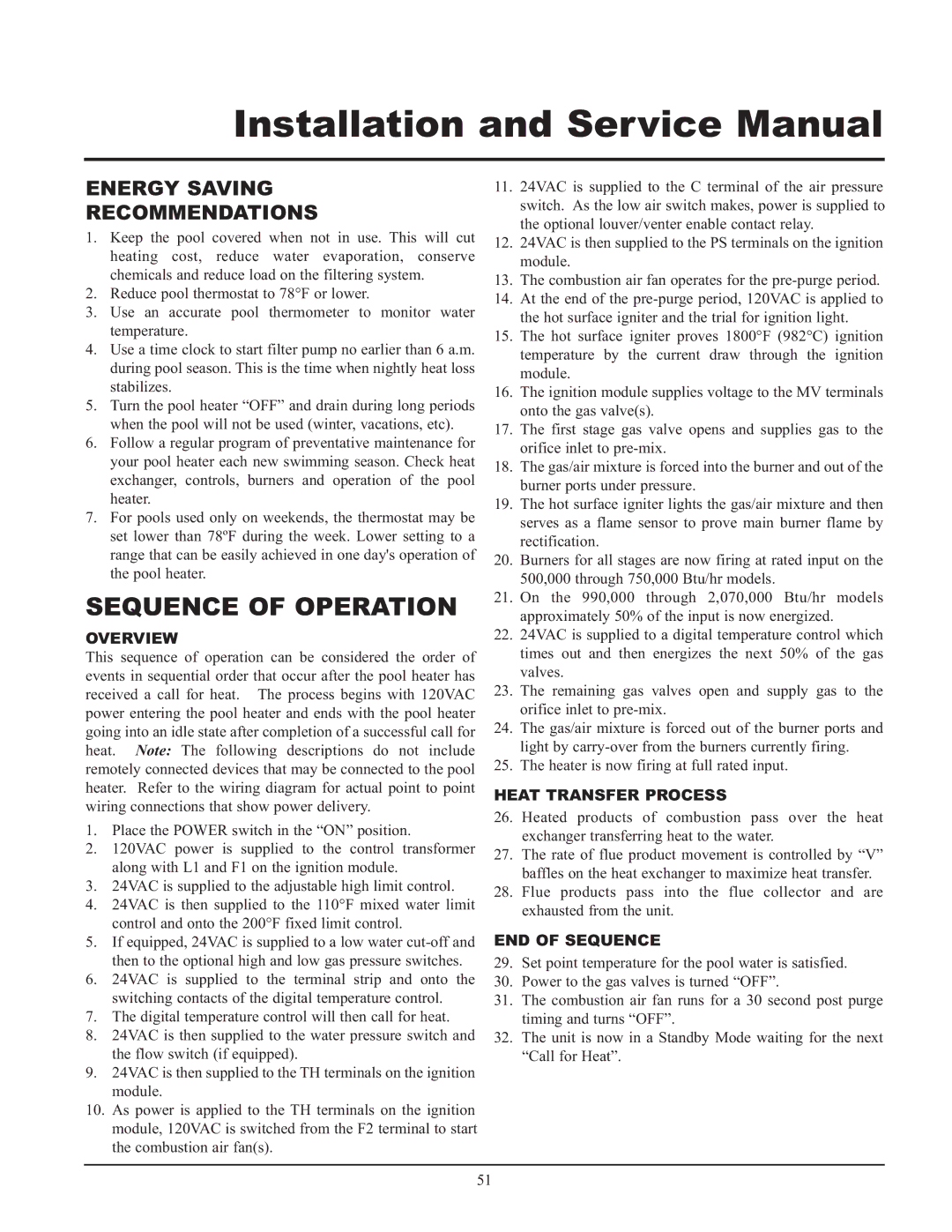 Lochinvar GAS HEATER FOR COMMERICAL POOL APPLICATIONS service manual Sequence of Operation 