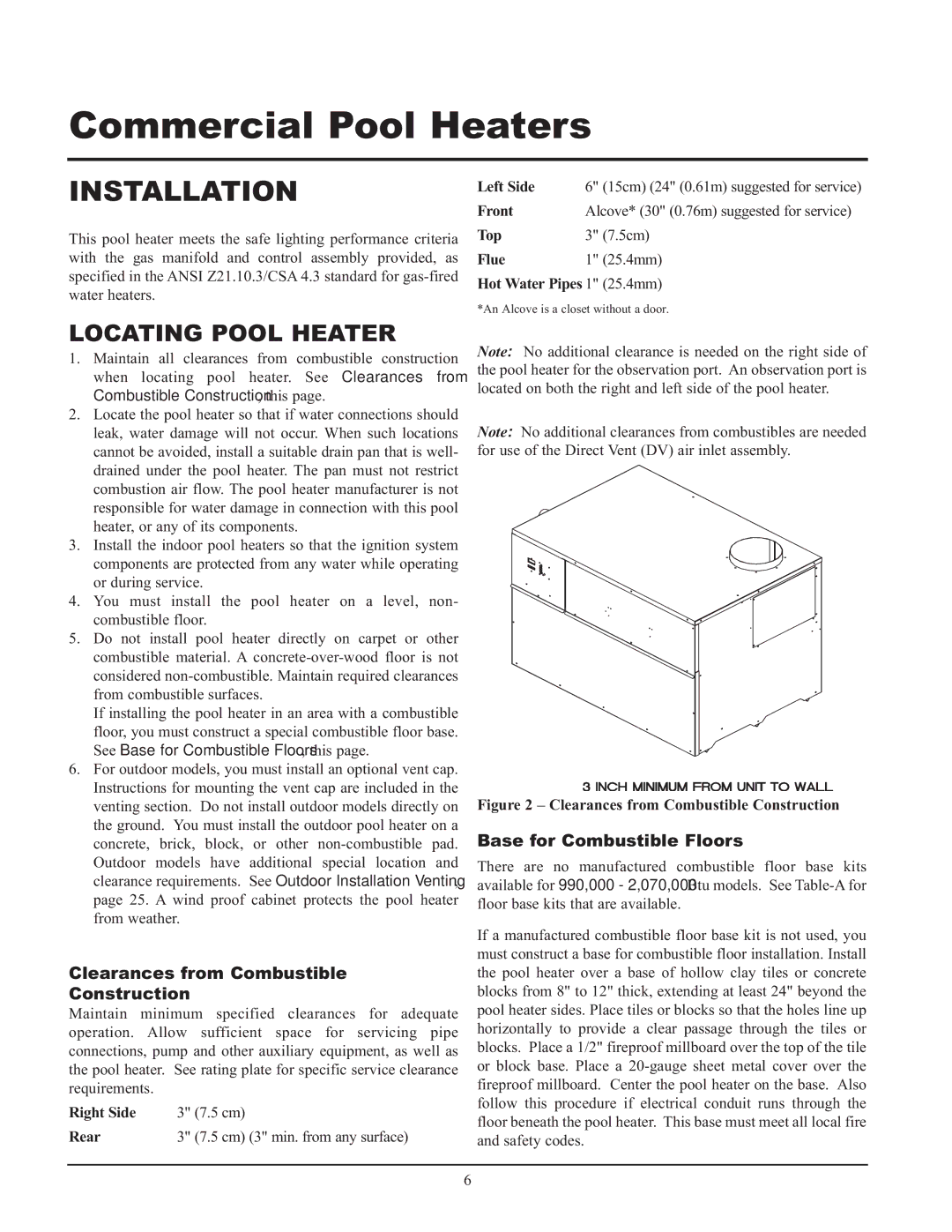 Lochinvar GAS HEATER FOR COMMERICAL POOL APPLICATIONS service manual Clearances from Combustible Construction 