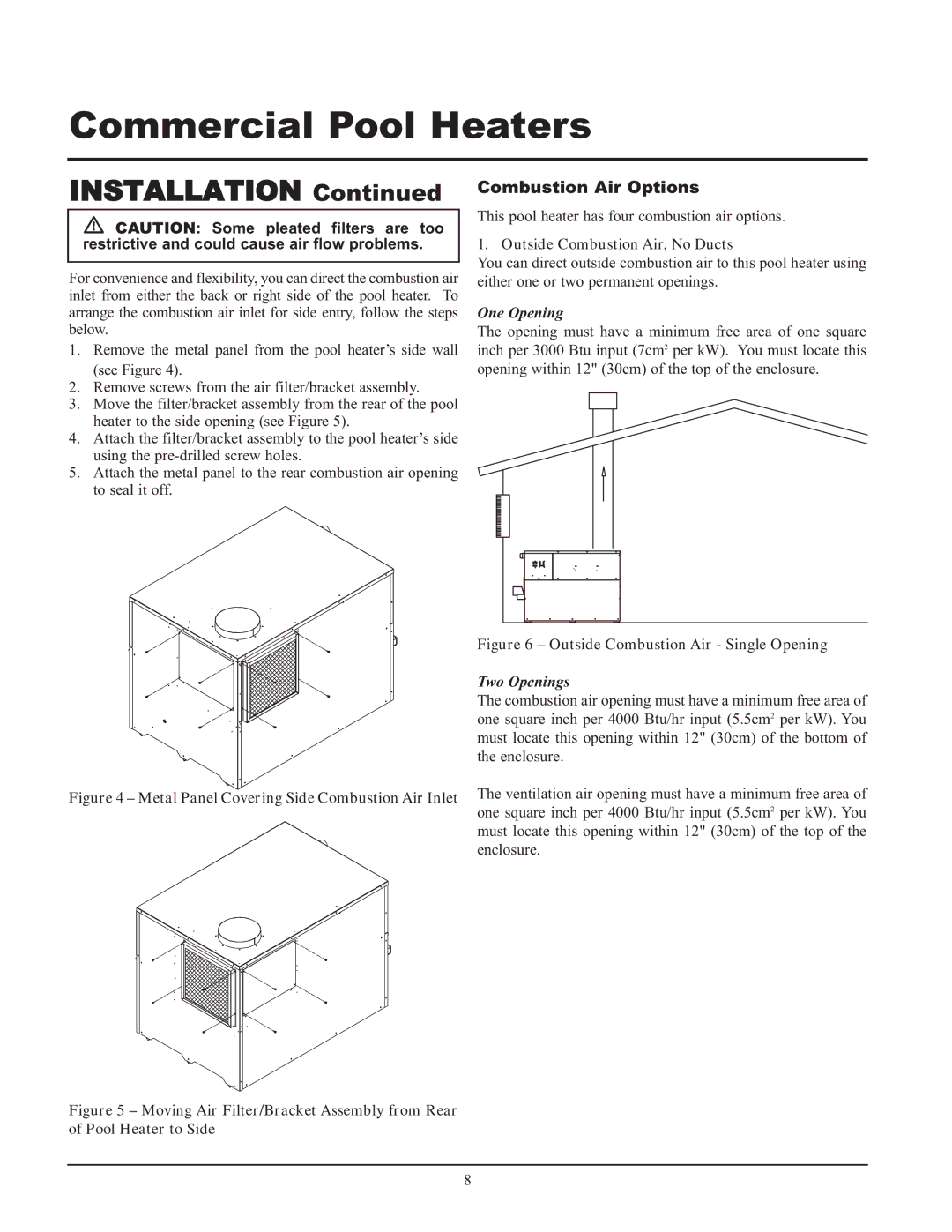 Lochinvar GAS HEATER FOR COMMERICAL POOL APPLICATIONS service manual Installation, Combustion Air Options 