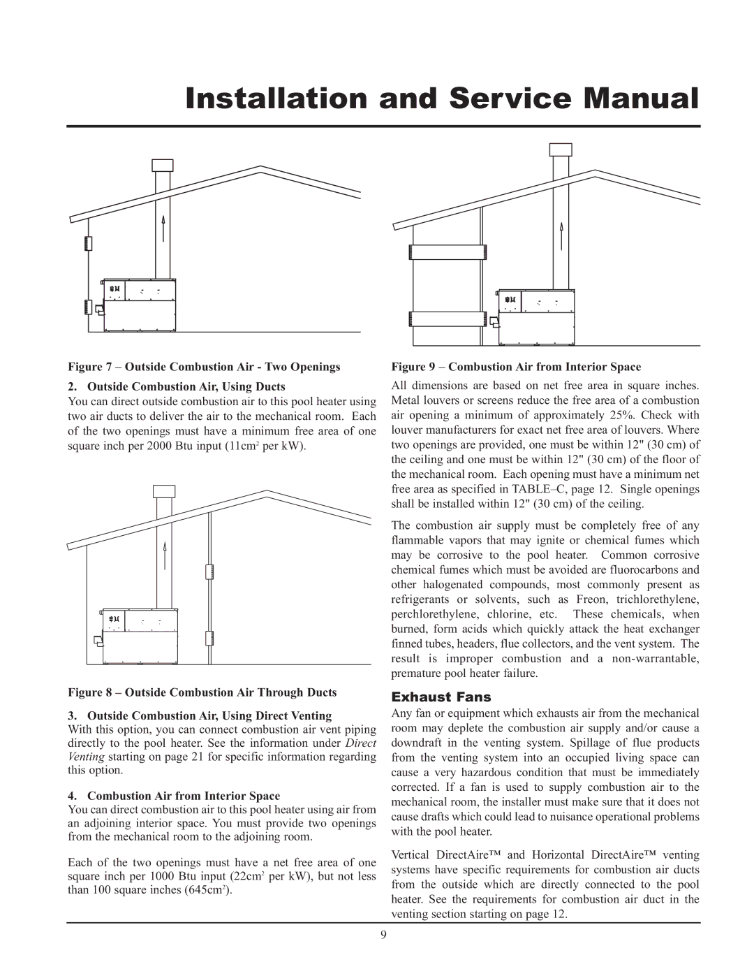 Lochinvar GAS HEATER FOR COMMERICAL POOL APPLICATIONS service manual Exhaust Fans, Combustion Air from Interior Space 