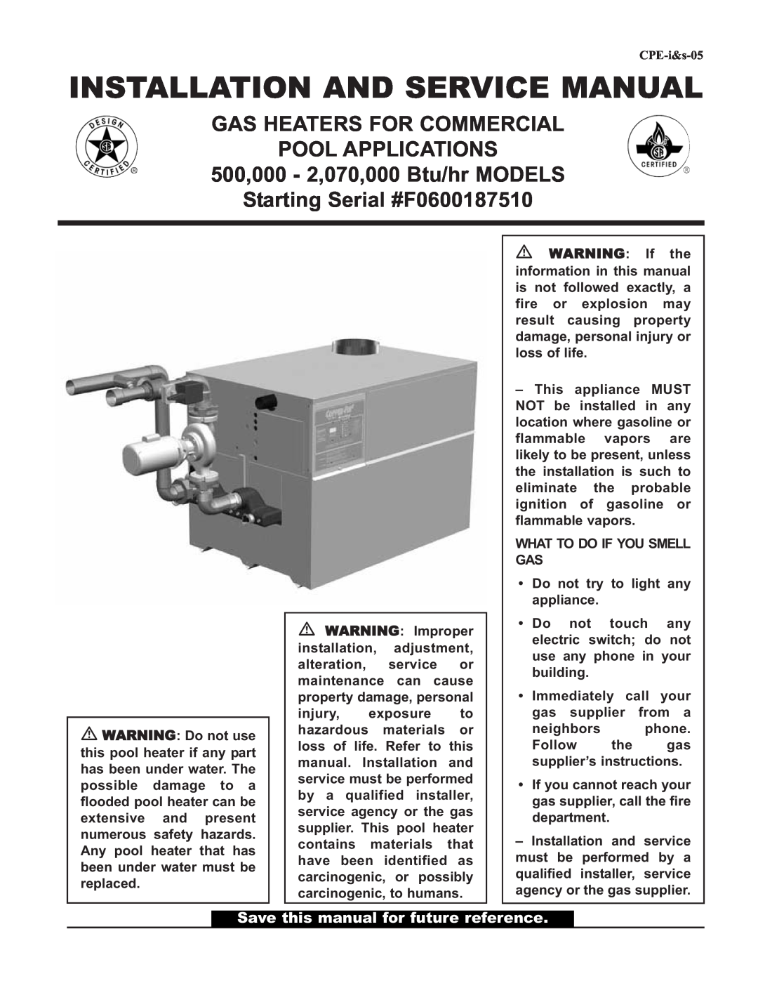 Lochinvar GAS HEATER FOR COMMERICAL POOL APPLICATIONS service manual Installation And Service Manual 