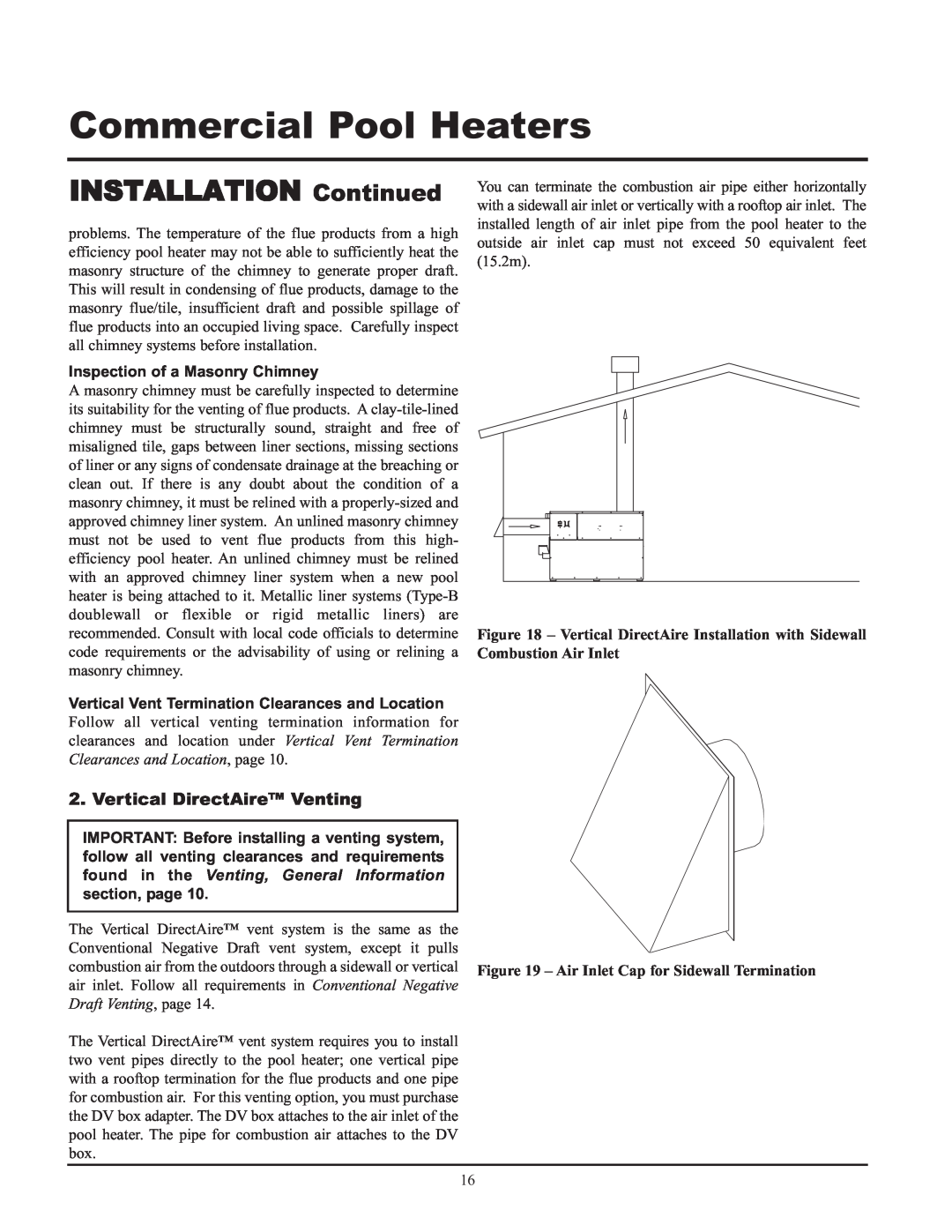Lochinvar GAS HEATER FOR COMMERICAL POOL APPLICATIONS service manual Vertical DirectAire Venting, Draft Venting, page 