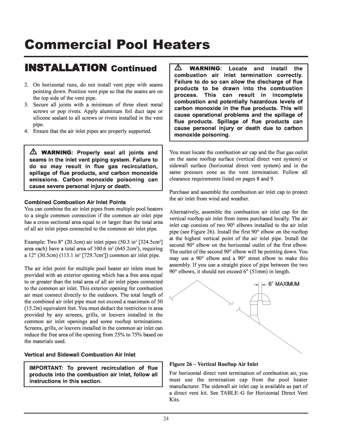 Lochinvar GAS HEATER FOR COMMERICAL POOL APPLICATIONS service manual Commercial Pool Heaters, INSTALLATION Continued 