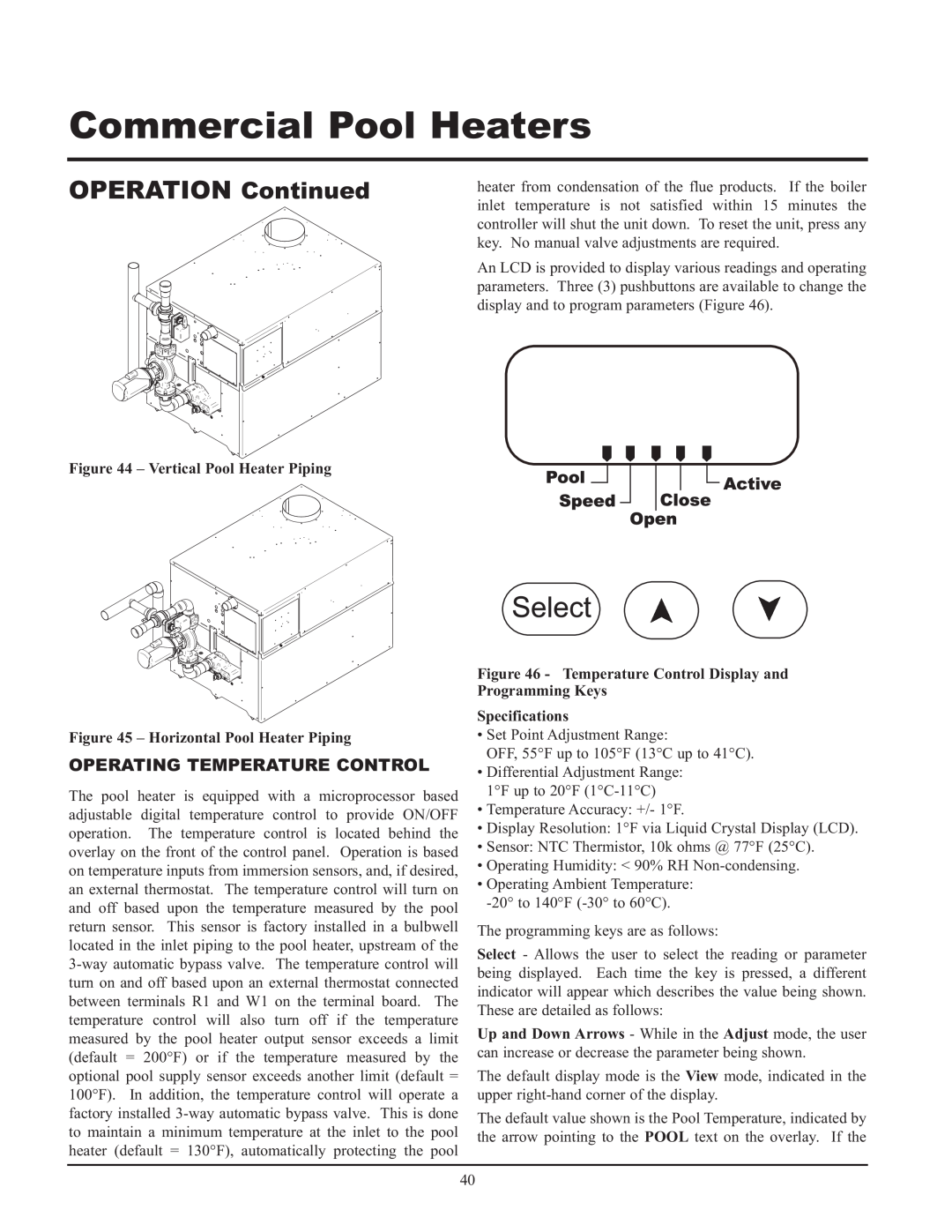 Lochinvar GAS HEATER FOR COMMERICAL POOL APPLICATIONS service manual OPERATION Continued, Operating Temperature Control 