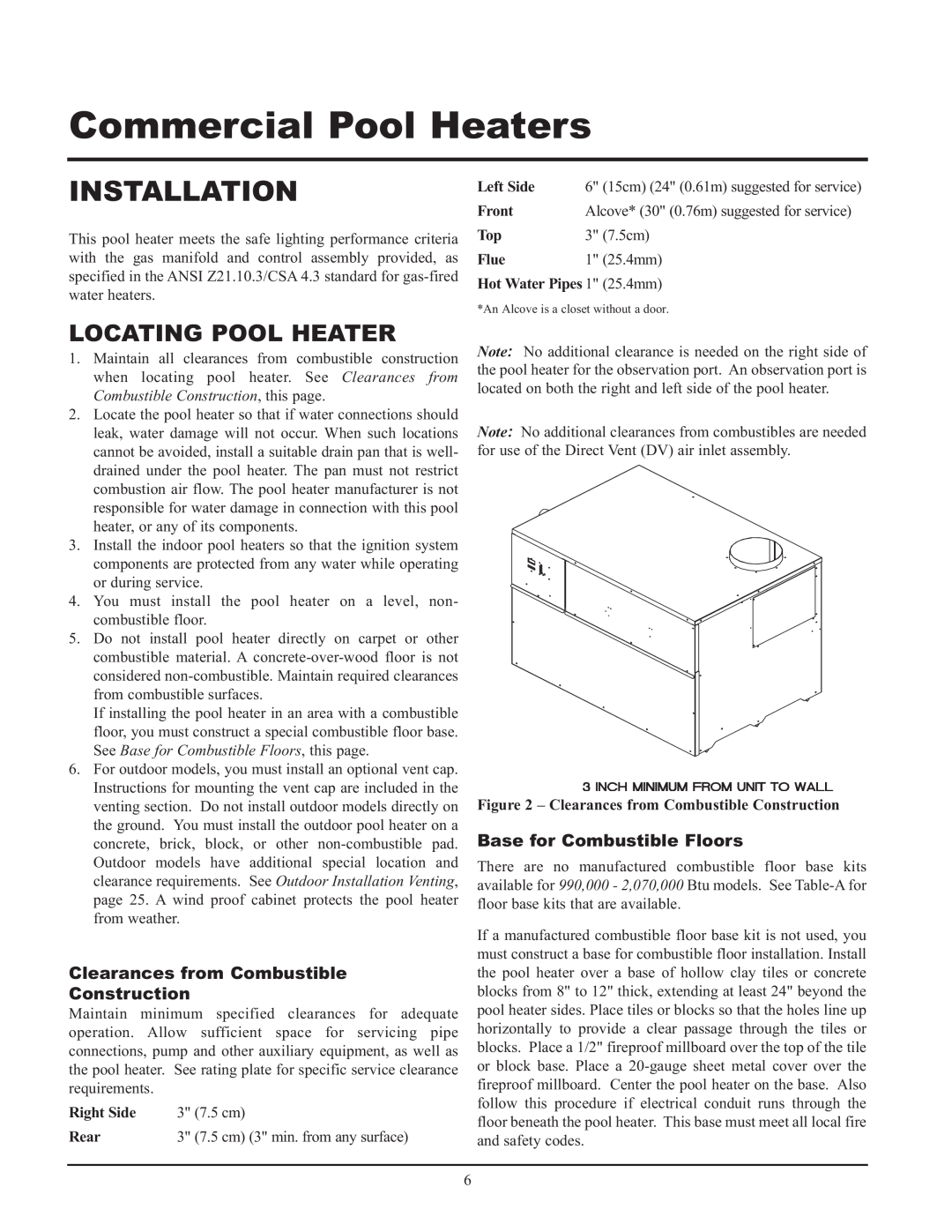 Lochinvar GAS HEATER FOR COMMERICAL POOL APPLICATIONS service manual Installation, Clearances from Combustible Construction 