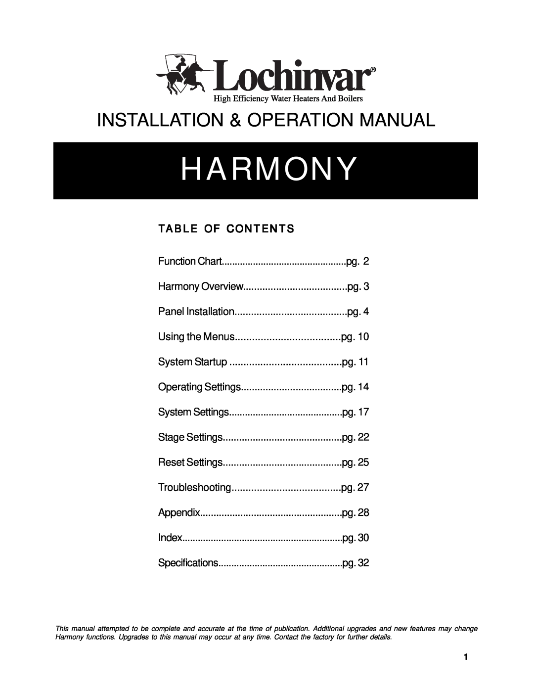 Lochinvar Harmony operation manual Table Of Contents, Lochinvar 