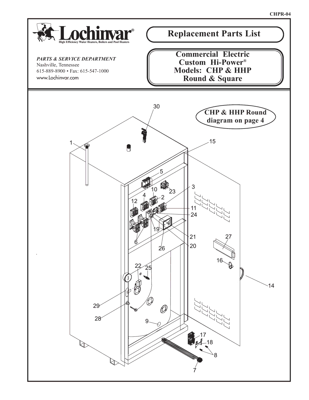 Lochinvar CHP, HHP manual Replacement Parts List 