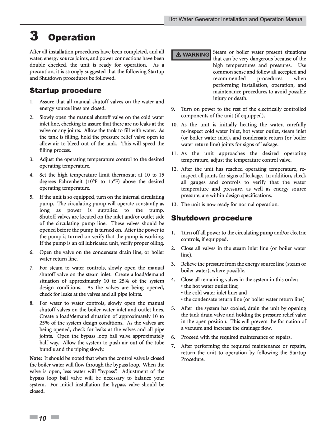 Lochinvar Hot Water Generator operation manual 3Operation, Startup procedure, Shutdown procedure 